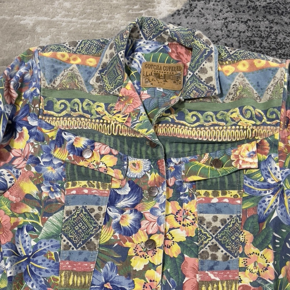 Gotcha Covered Denim Jacket Women Small‎ Blue Floral Western BOHO Y2K Button Up